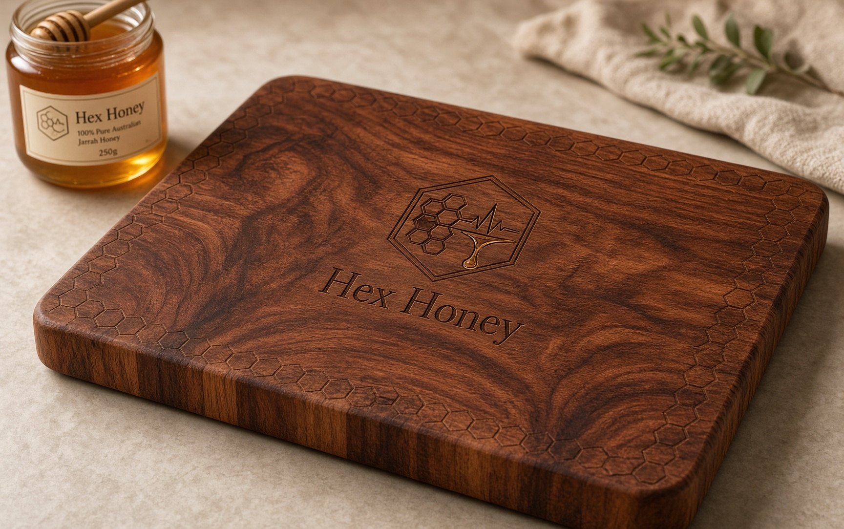 Brand mockup of a jarrah board with a honeycomb border and an engraved Hex Honey mark.