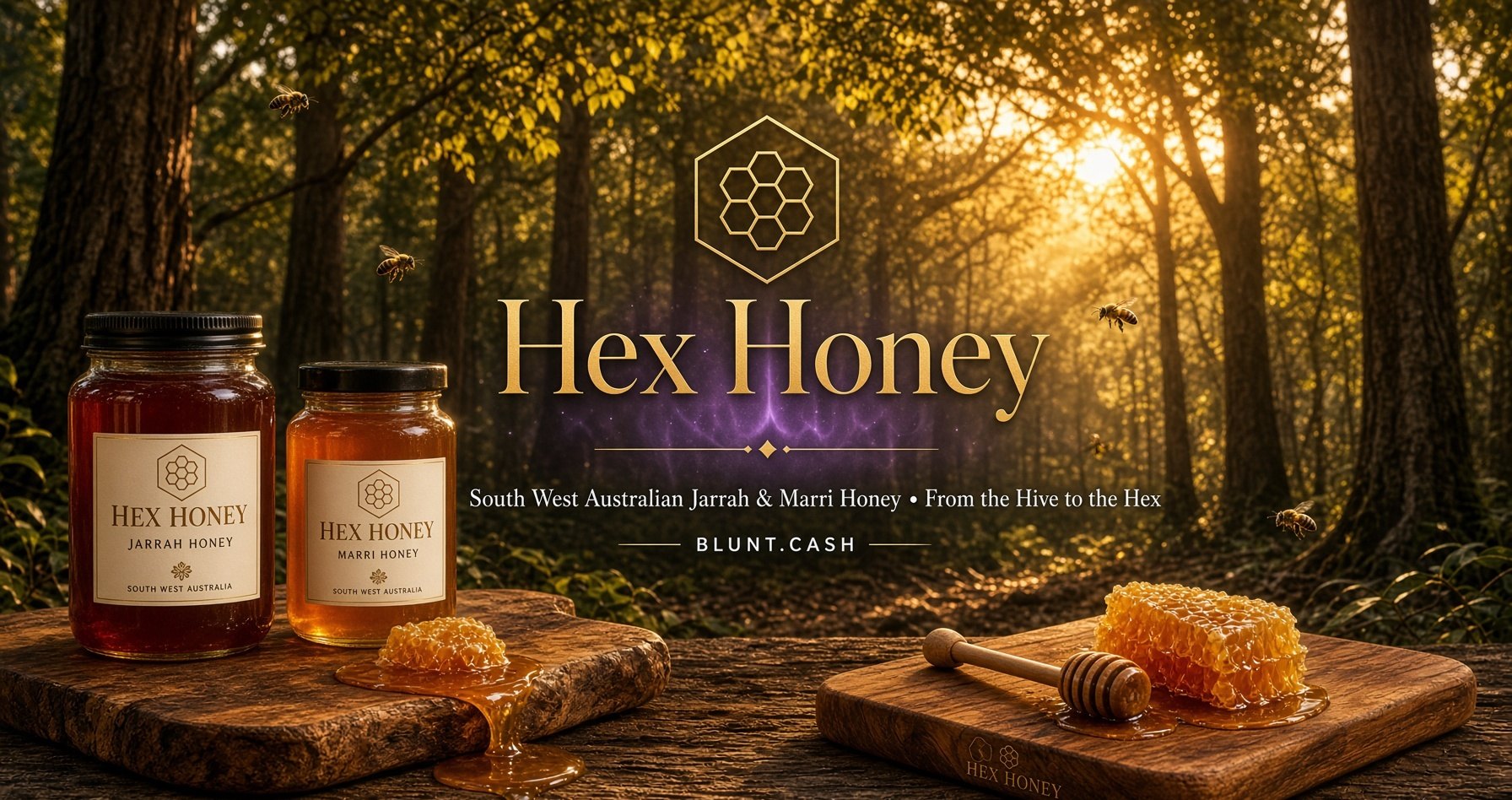 Brand mockup: two jars and a jarrah board in a jarrah forest, under the Hex Honey name.