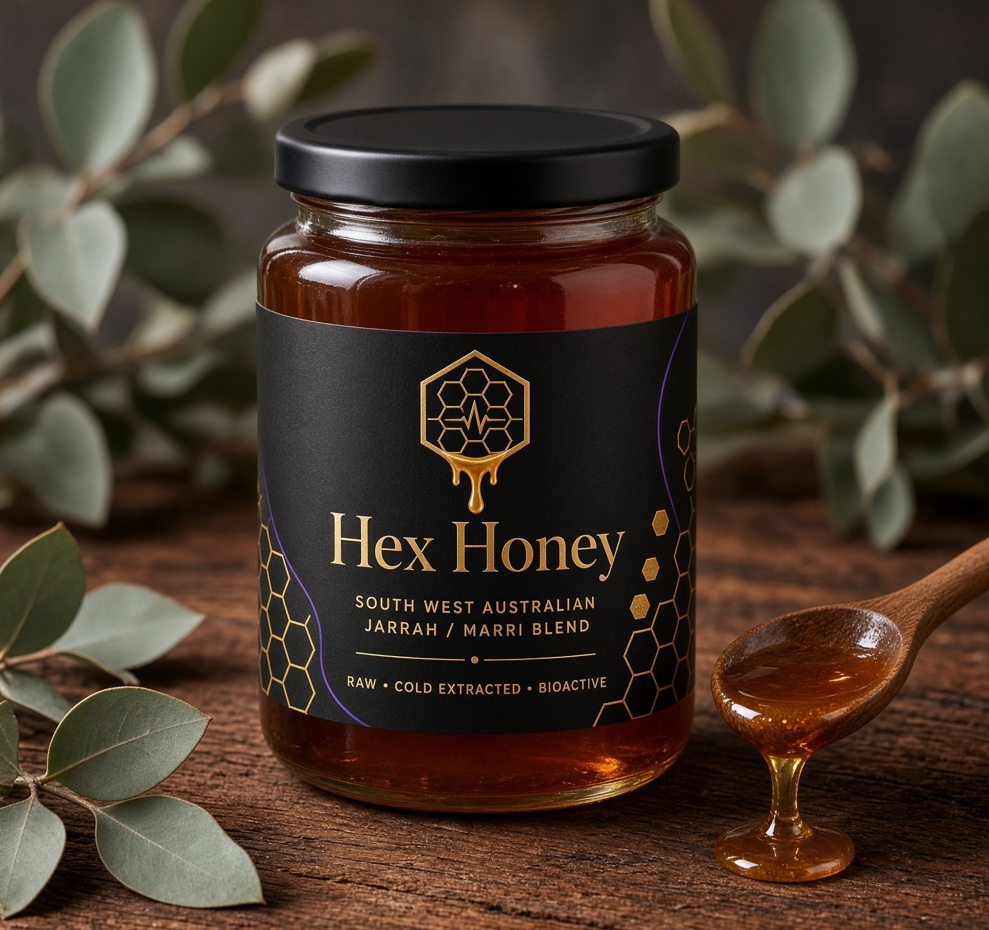 Brand mockup of a glass jar of amber honey with a charcoal Hex Honey label.