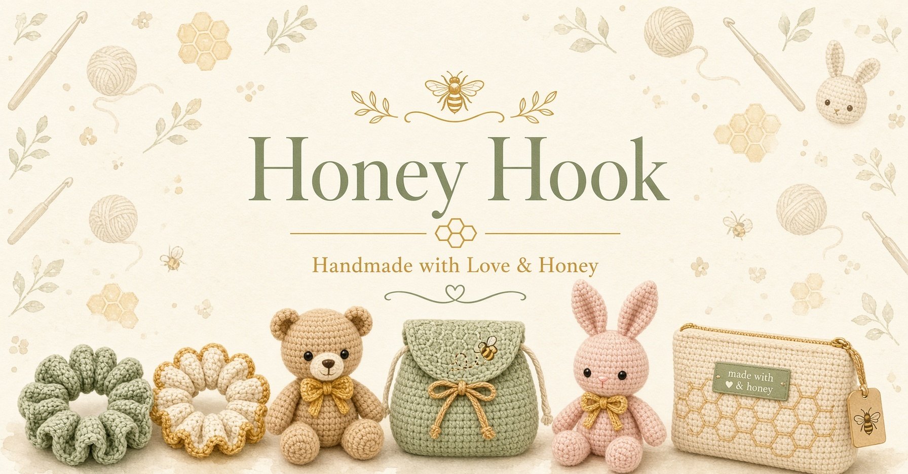 Brand mockup: sage and honey scrunchies, a bear, a sage pouch, a rabbit, and a cream zip pouch under the Honey Hook name. Not a photograph of stock.