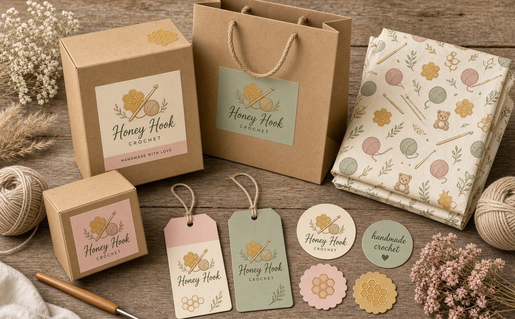 Brand mockup of kraft boxes, a bag, swing tags, stickers, and printed tissue for Honey Hook. Not packaging that has been printed.