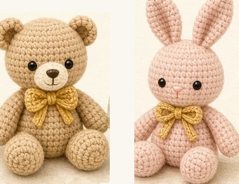 Brand mockup of a crocheted bear and a crocheted rabbit, each with a honey bow.