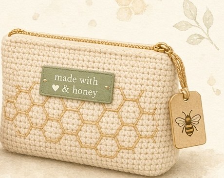 Brand mockup of a cream crocheted zip pouch with a sage label that reads made with love and honey.