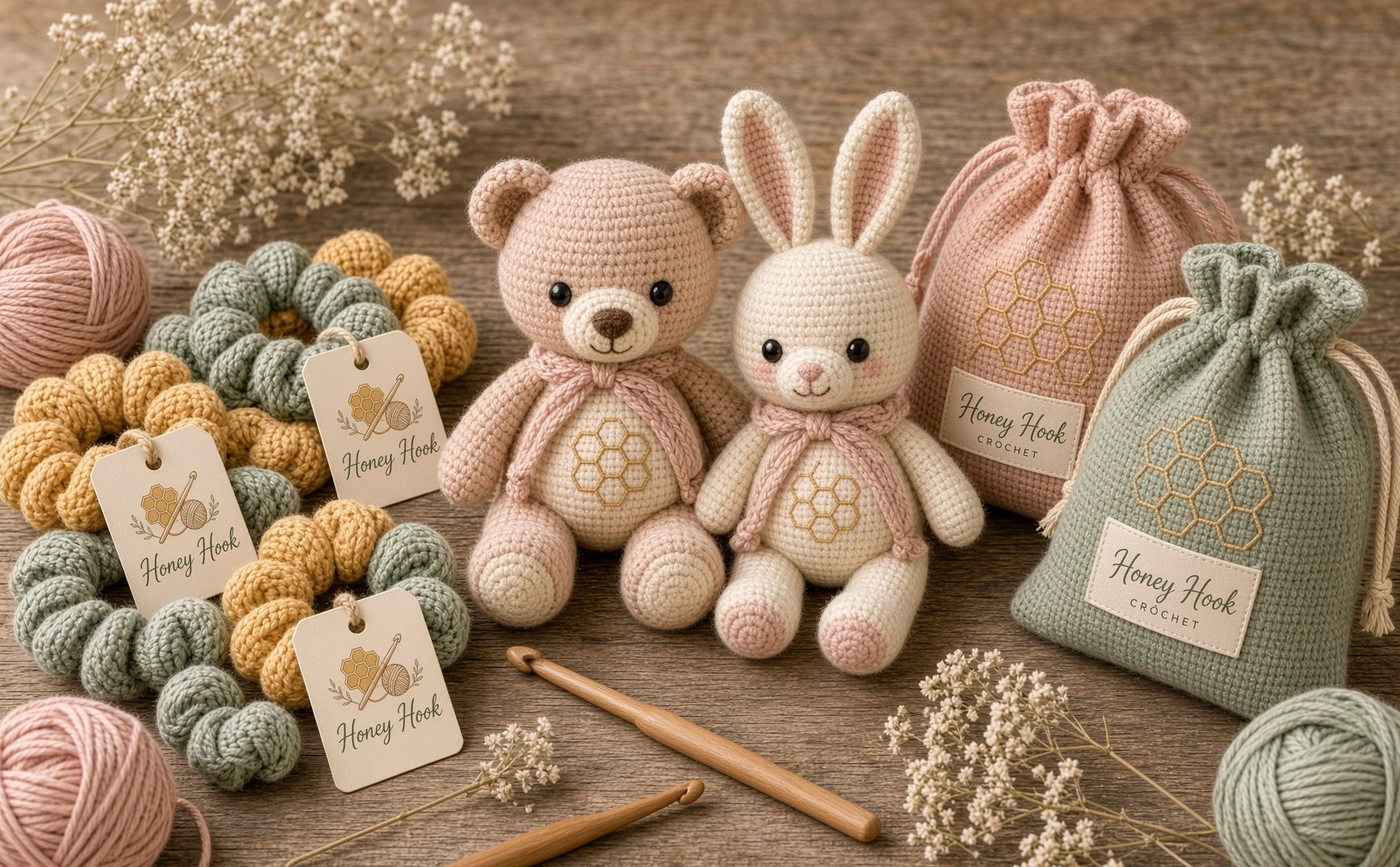 Brand mockup on a wooden table: scrunchies, a bear, a rabbit, and two drawstring pouches.