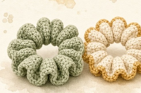 Brand mockup of a sage scrunchie and a cream scrunchie with a honey edge.