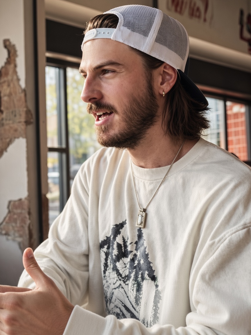 Daniel James Duncan in a white cap, talking by a window.