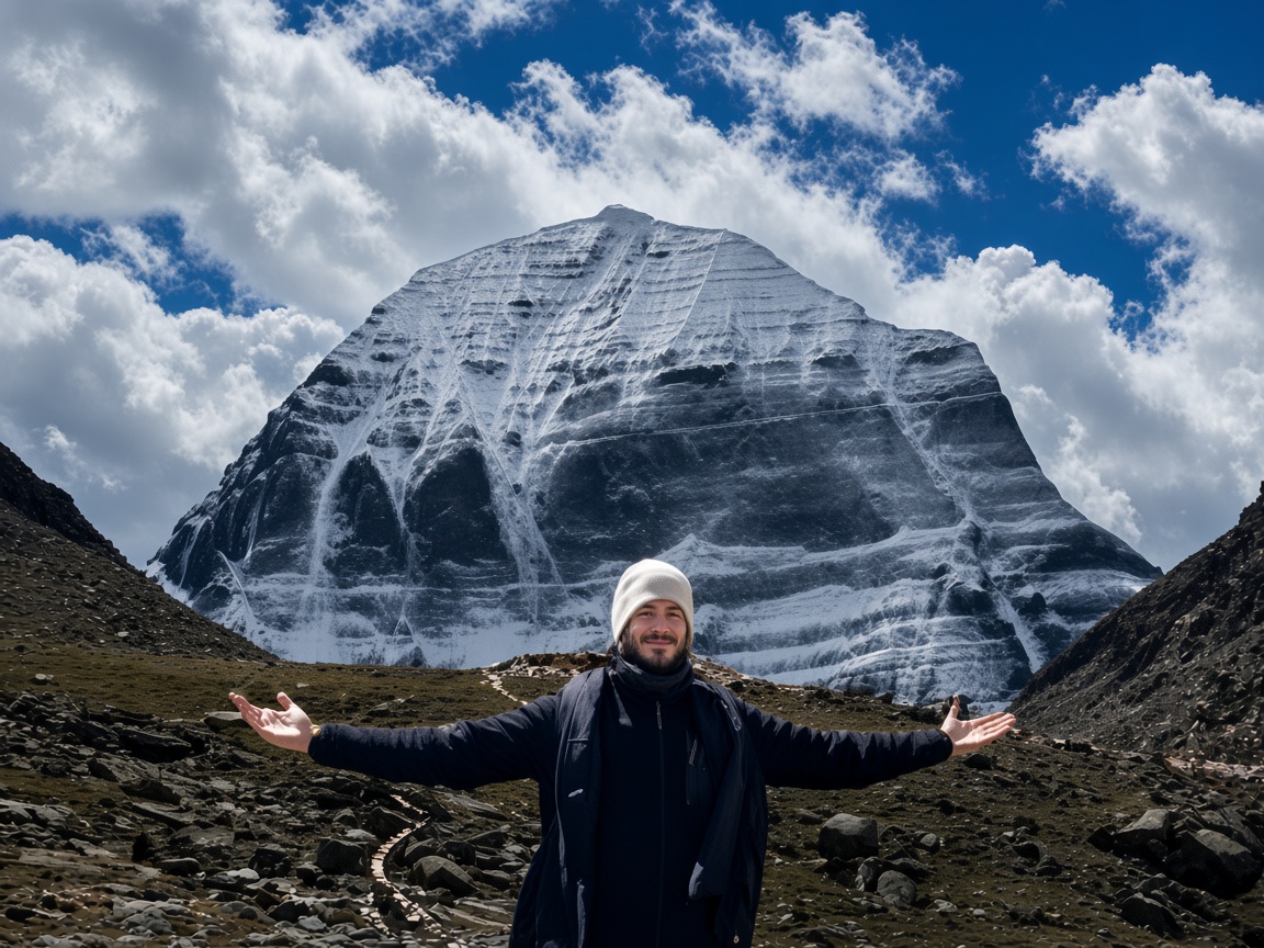 Daniel James Duncan with his arms open in front of a high, stratified mountain.